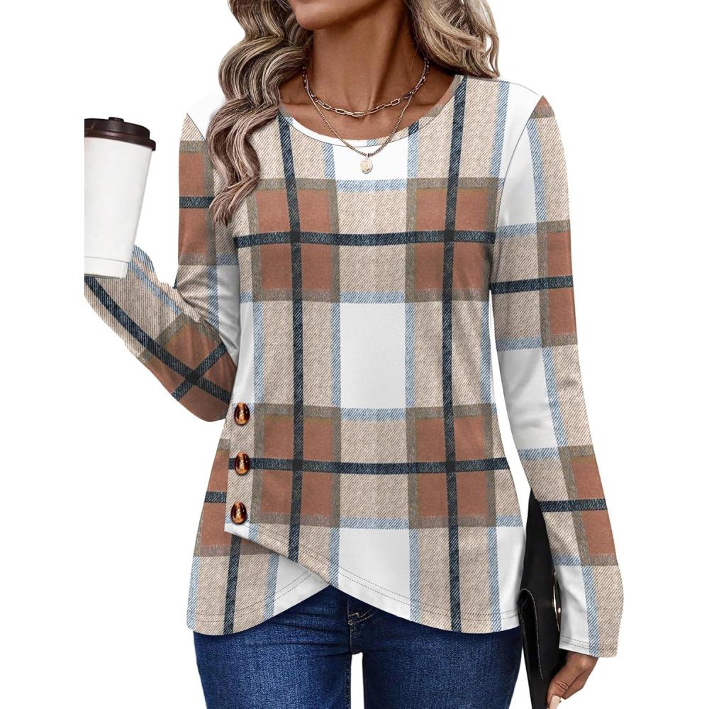 imageXIEERDUO Tunic Sweaters for Women Long Sleeve Shirts Crew Neck Tops with Buttons Fall Fashion Outfits Winter ClothingGrid
