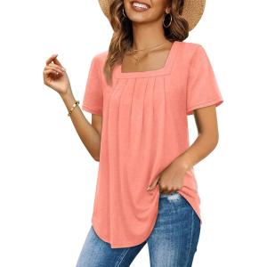 Womens Summer Tops Square Neck Pleated Front Short Sleeve Tunic Shirts S-3XL(04-coral)