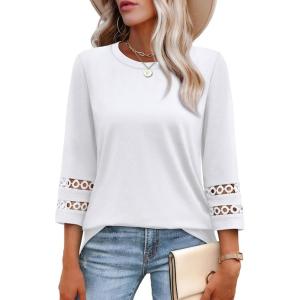 XIEERDUO 3/4 Length Sleeve Womens Tops and Blouses Dressy Casual Crewneck T Shirts Fashion Clothes Loose Fit Trendy(All White)