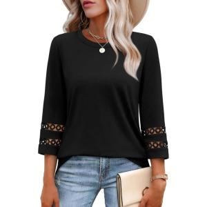 XIEERDUO 3/4 Length Sleeve Womens Tops and Blouses Dressy Casual Crewneck T Shirts Fashion Clothes Loose Fit Trendy(Black)