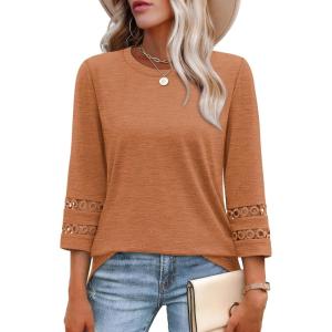 XIEERDUO 3/4 Length Sleeve Womens Tops and Blouses Dressy Casual Crewneck T Shirts Fashion Clothes Loose Fit Trendy(Caramel)