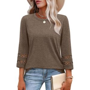 XIEERDUO 3/4 Length Sleeve Womens Tops and Blouses Dressy Casual Crewneck T Shirts Fashion Clothes Loose Fit Trendy(Coffee)