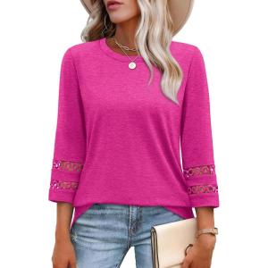 XIEERDUO 3/4 Length Sleeve Womens Tops and Blouses Dressy Casual Crewneck T Shirts Fashion Clothes Loose Fit Trendy(Hot Pink)