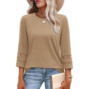 XIEERDUO 3/4 Length Sleeve Womens Tops and Blouses Dressy Casual Crewneck T Shirts Fashion Clothes Loose Fit Trendy(Khaki)