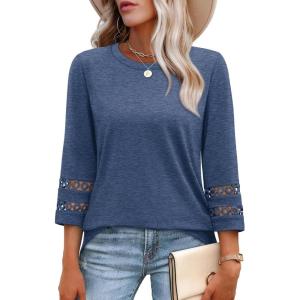 XIEERDUO 3/4 Length Sleeve Womens Tops and Blouses Dressy Casual Crewneck T Shirts Fashion Clothes Loose Fit Trendy(Navy)