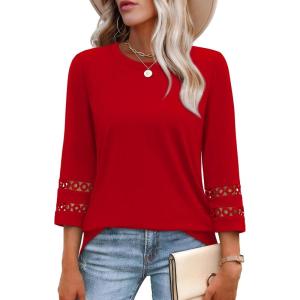 XIEERDUO 3/4 Length Sleeve Womens Tops and Blouses Dressy Casual Crewneck T Shirts Fashion Clothes Loose Fit Trendy(Red)