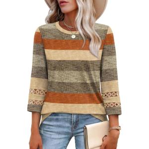 XIEERDUO 3/4 Length Sleeve Womens Tops and Blouses Dressy Casual Crewneck T Shirts Fashion Clothes Loose Fit Trendy(Z Brown Stripe)