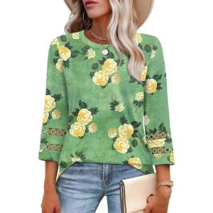 XIEERDUO 3/4 Length Sleeve Womens Tops and Blouses Dressy Casual Crewneck T Shirts Fashion Clothes Loose Fit Trendy(Z Green Floral)