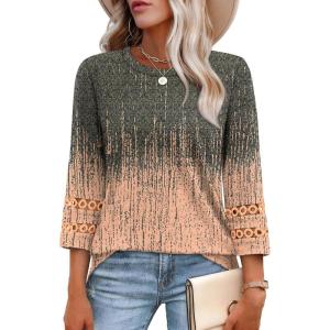 XIEERDUO 3/4 Length Sleeve Womens Tops and Blouses Dressy Casual Crewneck T Shirts Fashion Clothes Loose Fit Trendy(Z Grey Coral)