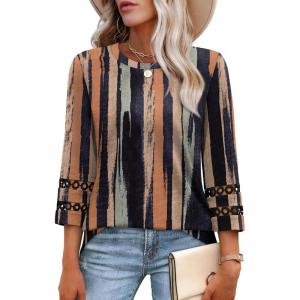 XIEERDUO 3/4 Length Sleeve Womens Tops and Blouses Dressy Casual Crewneck T Shirts Fashion Clothes Loose Fit Trendy(Z Multi Stripe)