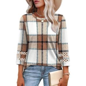 XIEERDUO 3/4 Length Sleeve Womens Tops and Blouses Dressy Casual Crewneck T Shirts Fashion Clothes Loose Fit Trendy(Z Plaid Brown)
