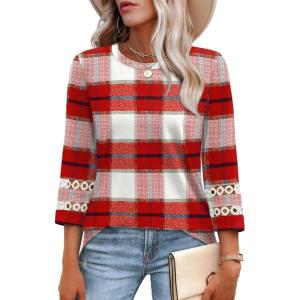 XIEERDUO 3/4 Length Sleeve Womens Tops and Blouses Dressy Casual Crewneck T Shirts Fashion Clothes Loose Fit Trendy(Z Plaid Red)