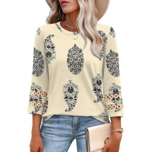 XIEERDUO 3/4 Length Sleeve Womens Tops and Blouses Dressy Casual Crewneck T Shirts Fashion Clothes Loose Fit Trendy(Z Print Begie)