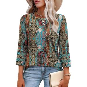 XIEERDUO 3/4 Length Sleeve Womens Tops and Blouses Dressy Casual Crewneck T Shirts Fashion Clothes Loose Fit Trendy(Z Print Black)