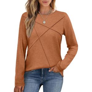 XIEERDUO Long Sleeve Shirts for Women Business Casual Tops Trendy Crewneck Fall T Shirts Pleated Loose Fit(Caramel)