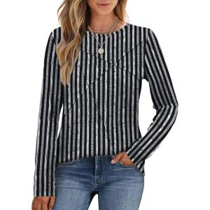 XIEERDUO Long Sleeve Shirts for Women Business Casual Tops Trendy Crewneck Fall T Shirts Pleated Loose Fit(D Black Striped)