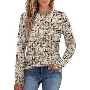 XIEERDUO Long Sleeve Shirts for Women Business Casual Tops Trendy Crewneck Fall T Shirts Pleated Loose Fit(D Print)