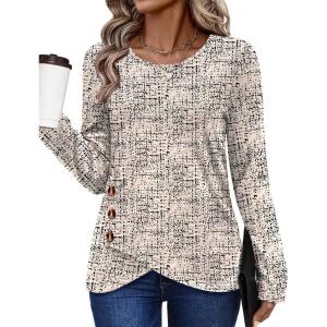 XIEERDUO Tunic Sweaters for Women Long Sleeve Shirts Crew Neck Tops with Buttons Fall Fashion Outfits Winter Clothing(Beige Black Dots)