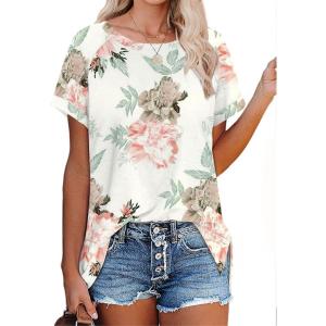 XIEERDUO Women’s Summer Short Sleeve Tops High Low V Neck Tshirts Loose Tees with Pocket(002-peony Flower)