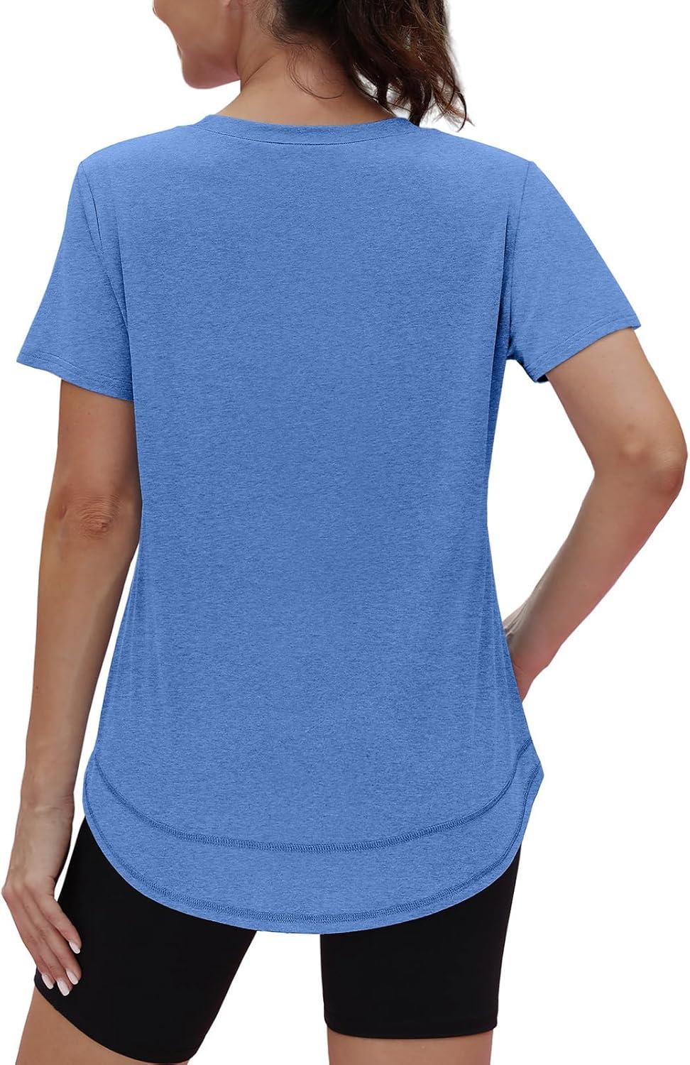 imageWomens Workout Tops Short Sleeve Shirts with Sun Protection UPF 50 Quick Dry Outfits for Hiking Running S3XL04 Blue