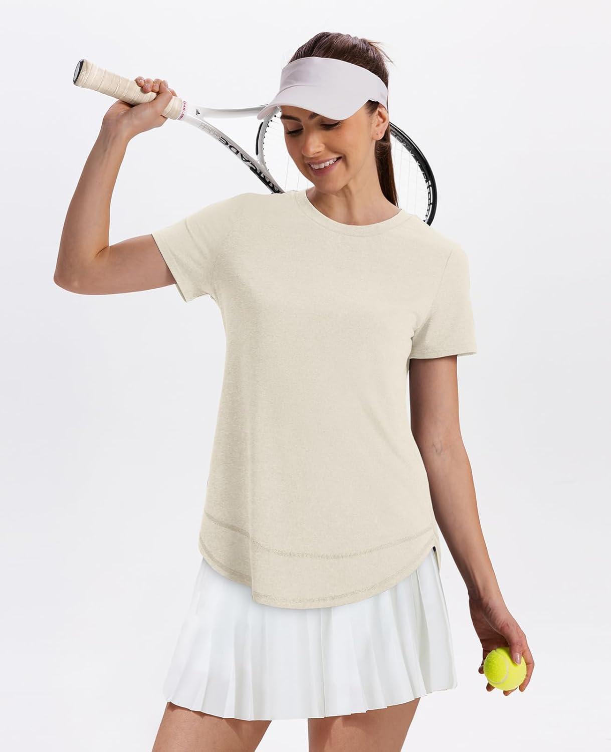 imageWomens Workout Tops Short Sleeve Shirts with Sun Protection UPF 50 Quick Dry Outfits for Hiking Running S3XL07 Cream White