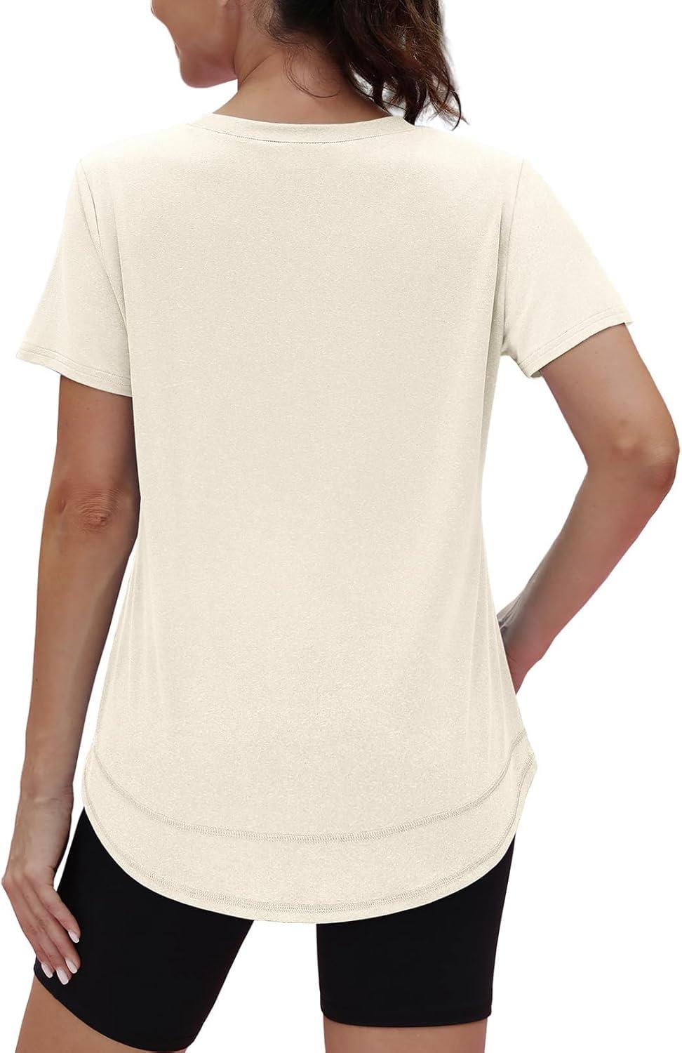 imageWomens Workout Tops Short Sleeve Shirts with Sun Protection UPF 50 Quick Dry Outfits for Hiking Running S3XL07 Cream White