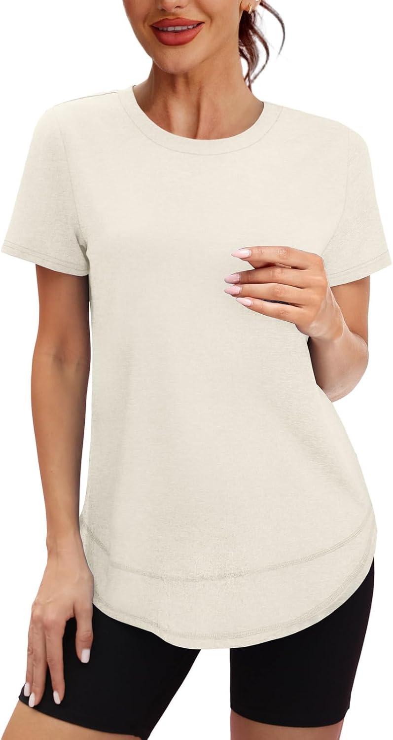 imageWomens Workout Tops Short Sleeve Shirts with Sun Protection UPF 50 Quick Dry Outfits for Hiking Running S3XL07 Cream White