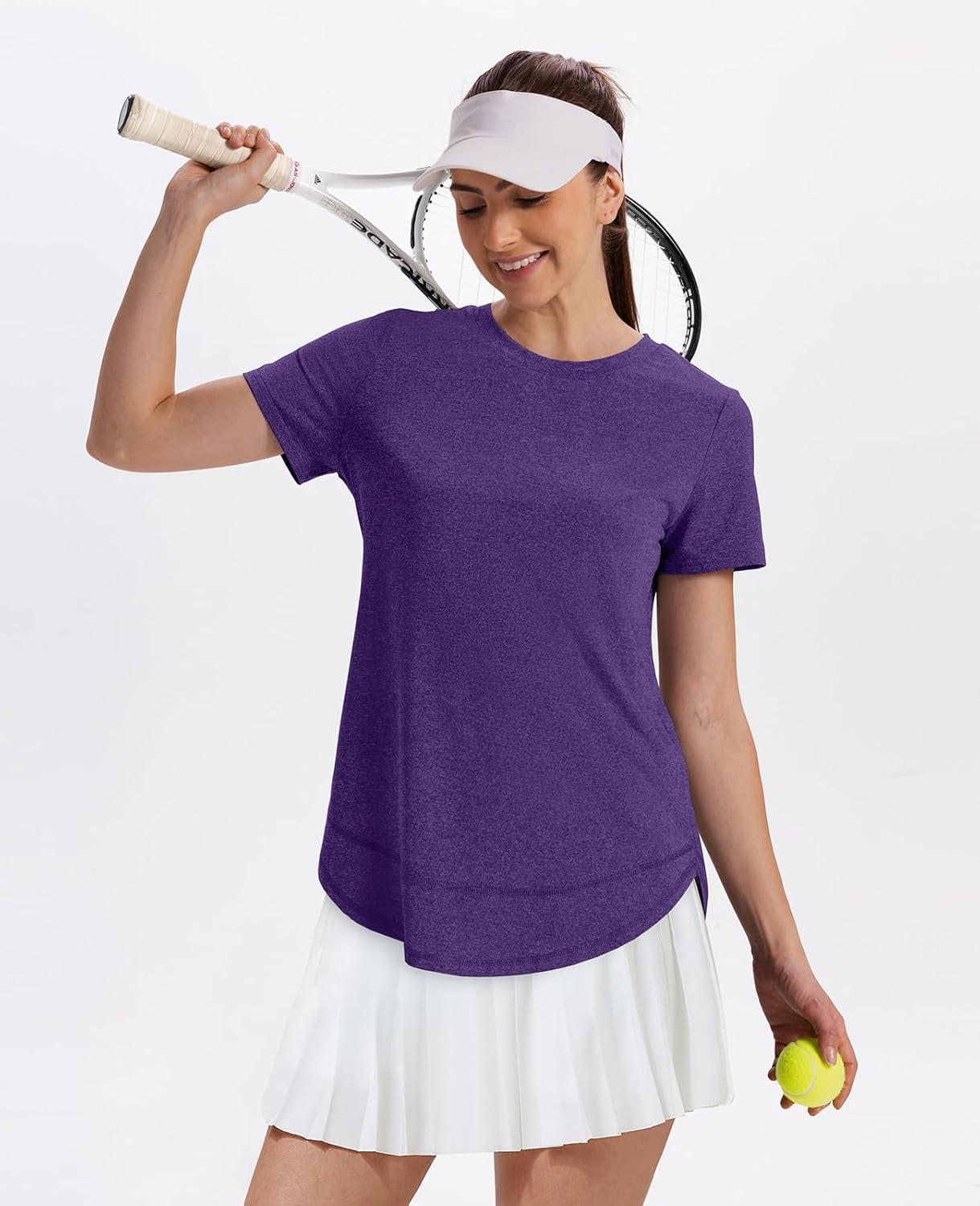 imageWomens Workout Tops Short Sleeve Shirts with Sun Protection UPF 50 Quick Dry Outfits for Hiking Running S3XL10 Purple