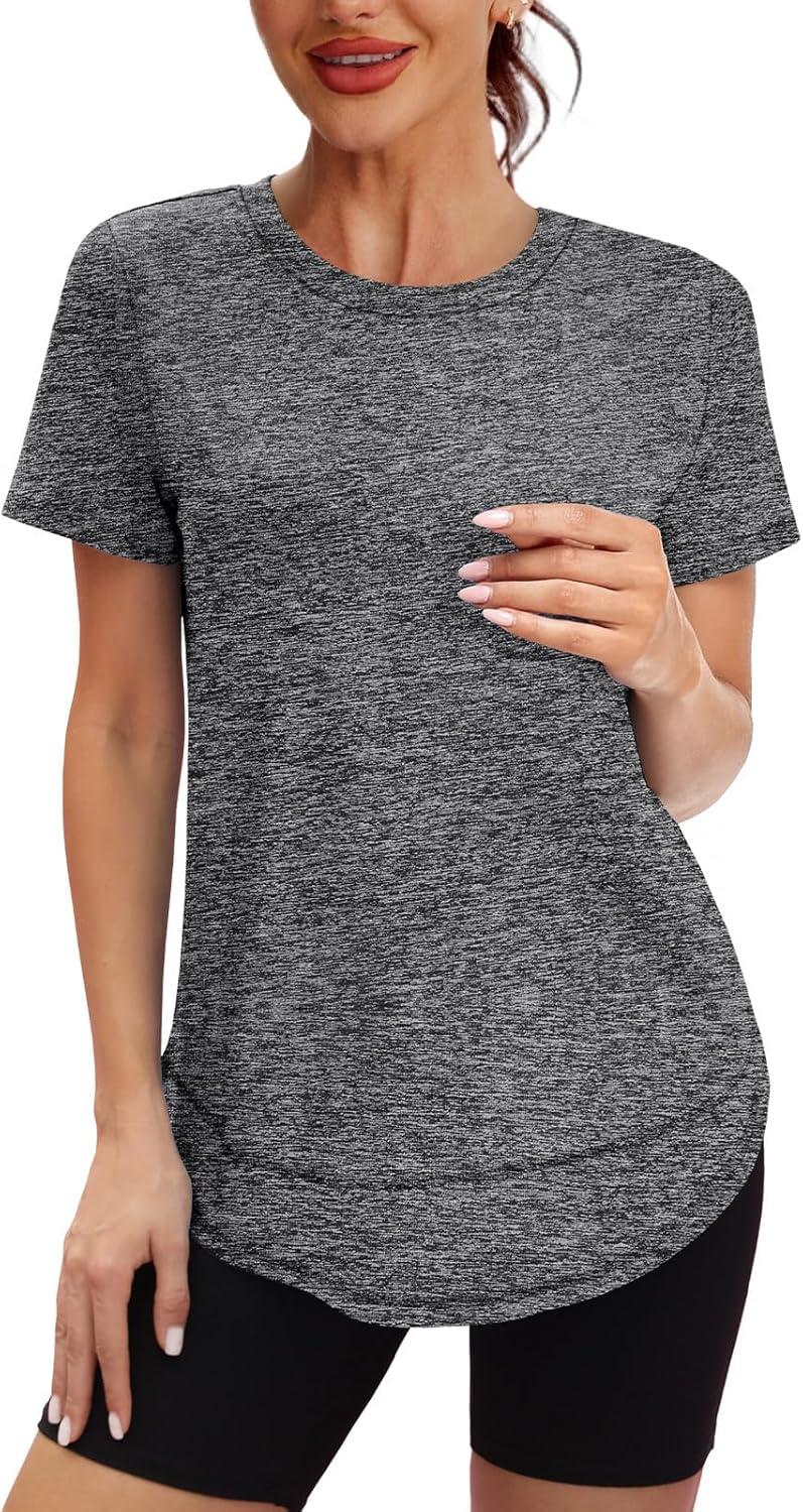 imageWomens Workout Tops Short Sleeve Shirts with Sun Protection UPF 50 Quick Dry Outfits for Hiking Running S3XL11 Dark Grey