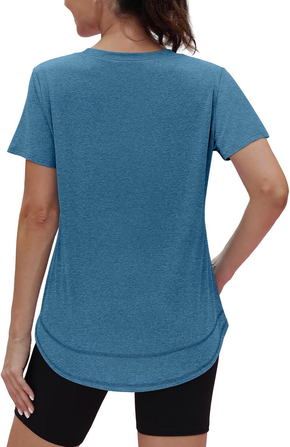 imageWomens Workout Tops Short Sleeve Shirts with Sun Protection UPF 50 Quick Dry Outfits for Hiking Running S3XL12 Dark Blue Green