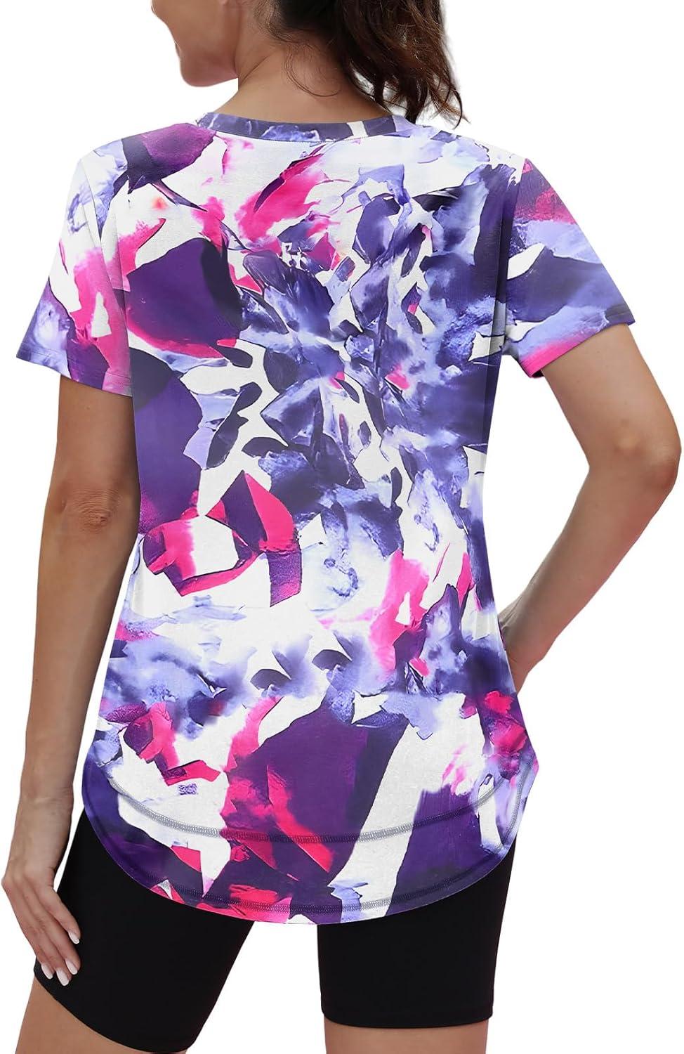 imageWomens Workout Tops Short Sleeve Shirts with Sun Protection UPF 50 Quick Dry Outfits for Hiking Running S3XL13 Tie Dye Purple Floral