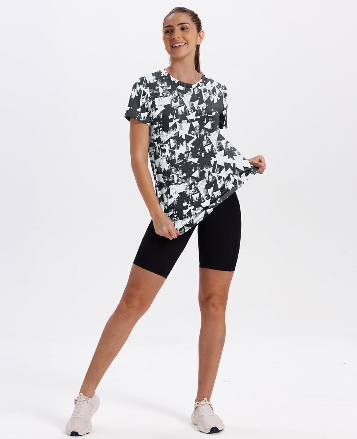 imageWomens Workout Tops Short Sleeve Shirts with Sun Protection UPF 50 Quick Dry Outfits for Hiking Running S3XL14 Black White Floral