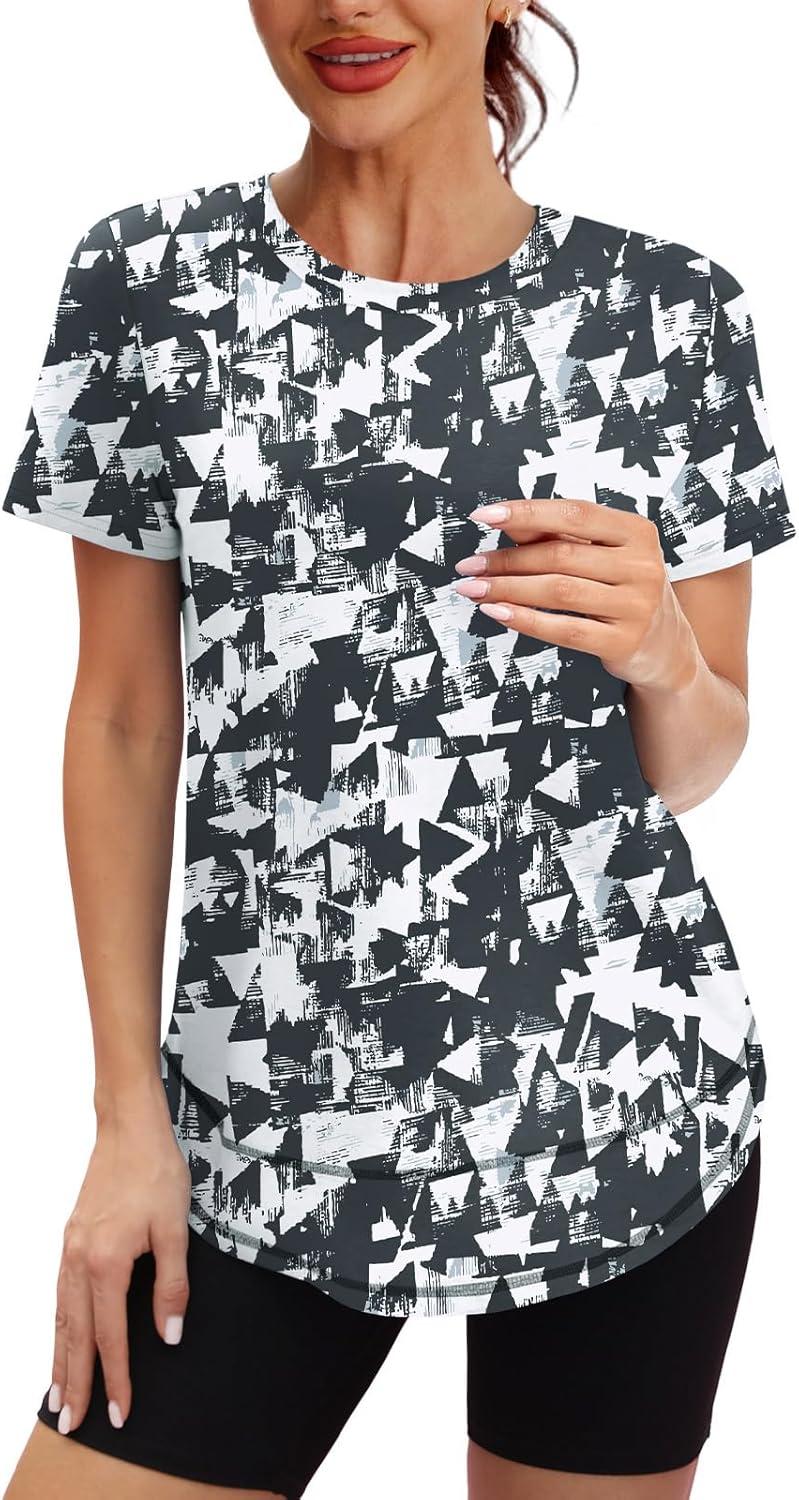 imageWomens Workout Tops Short Sleeve Shirts with Sun Protection UPF 50 Quick Dry Outfits for Hiking Running S3XL14 Black White Floral