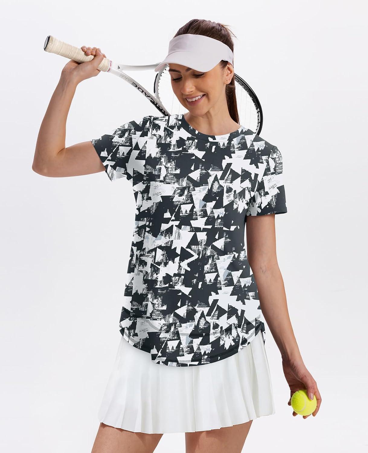 imageWomens Workout Tops Short Sleeve Shirts with Sun Protection UPF 50 Quick Dry Outfits for Hiking Running S3XL14 Black White Floral