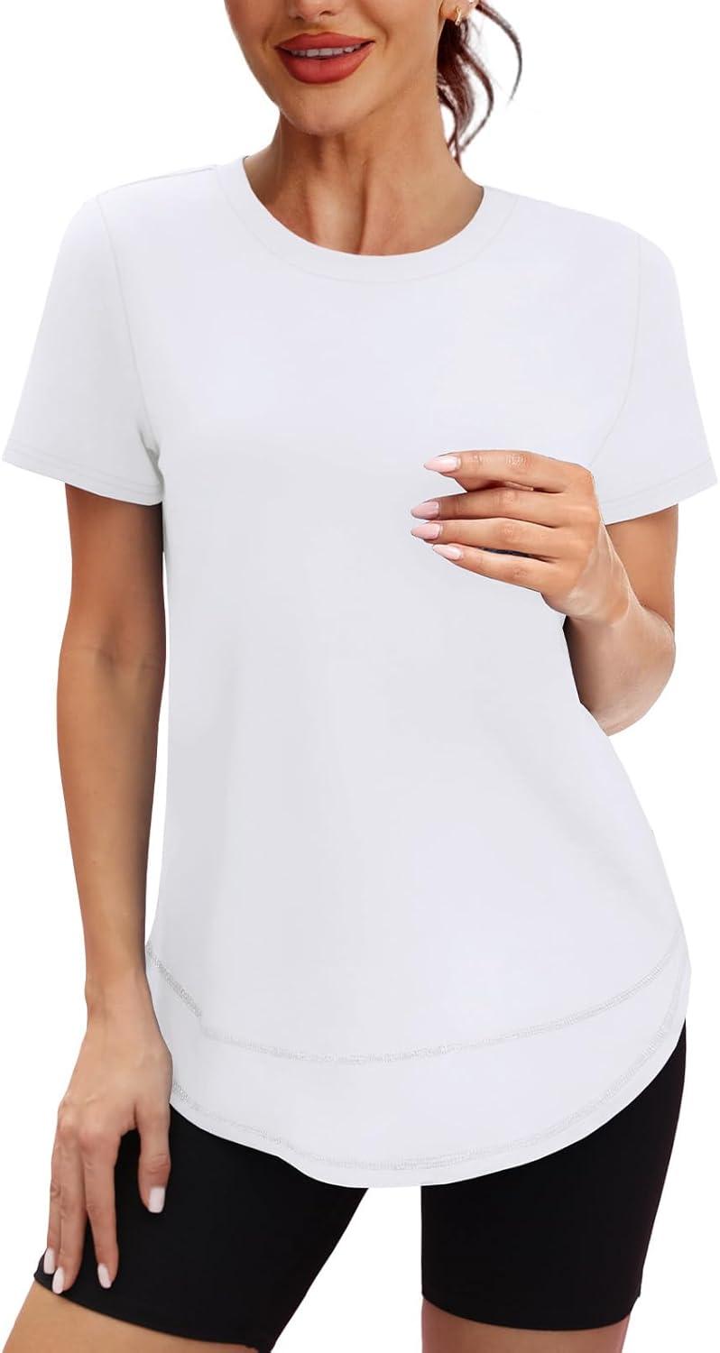 imageWomens Workout Tops Short Sleeve Shirts with Sun Protection UPF 50 Quick Dry Outfits for Hiking Running S3XL15 Pure White