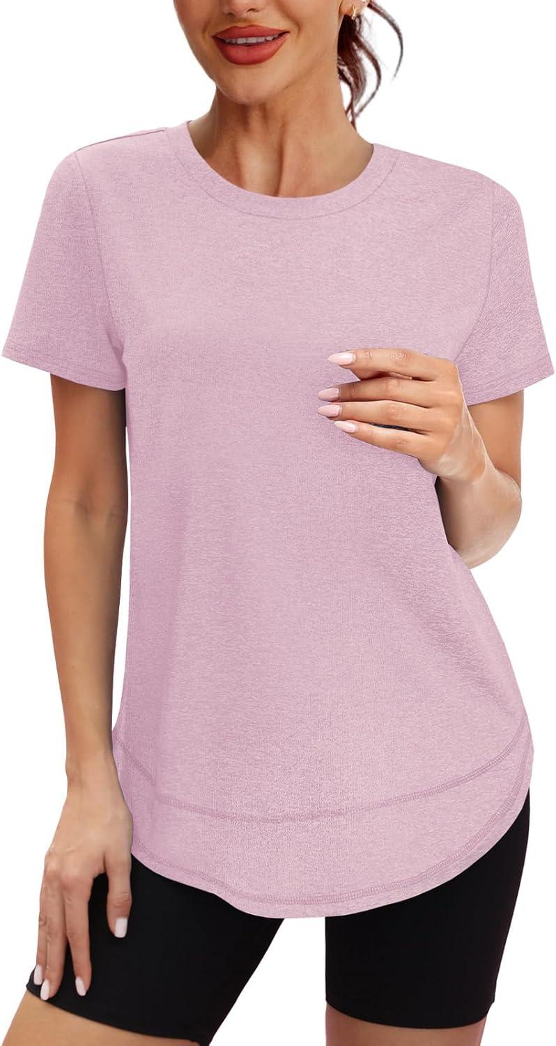 imageWomens Workout Tops Short Sleeve Shirts with Sun Protection UPF 50 Quick Dry Outfits for Hiking Running S3XL17 Peach Pink