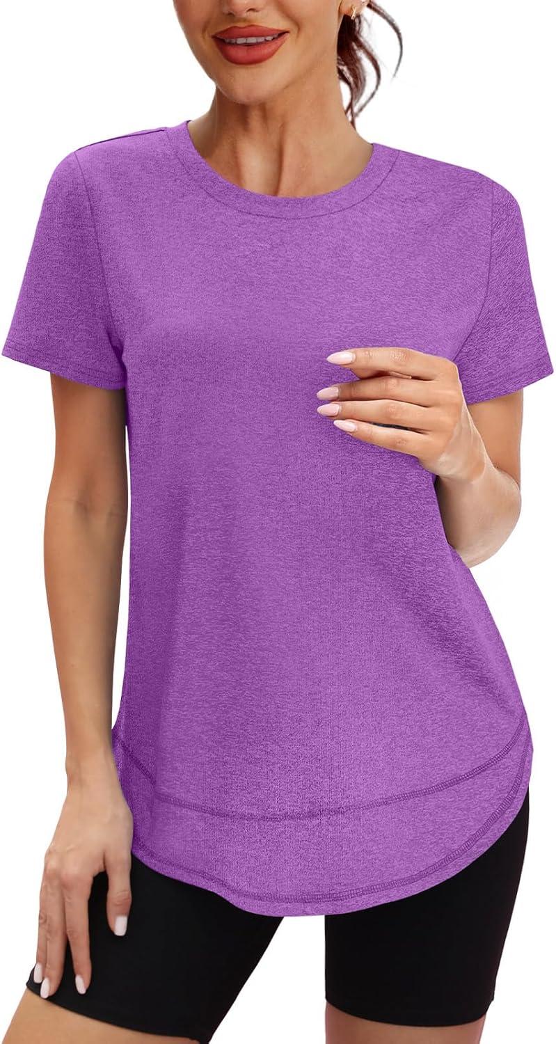 imageWomens Workout Tops Short Sleeve Shirts with Sun Protection UPF 50 Quick Dry Outfits for Hiking Running S3XL18 Light Purple