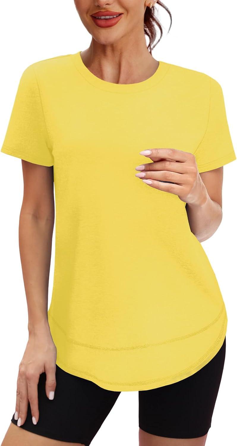 imageWomens Workout Tops Short Sleeve Shirts with Sun Protection UPF 50 Quick Dry Outfits for Hiking Running S3XL21 Yellow