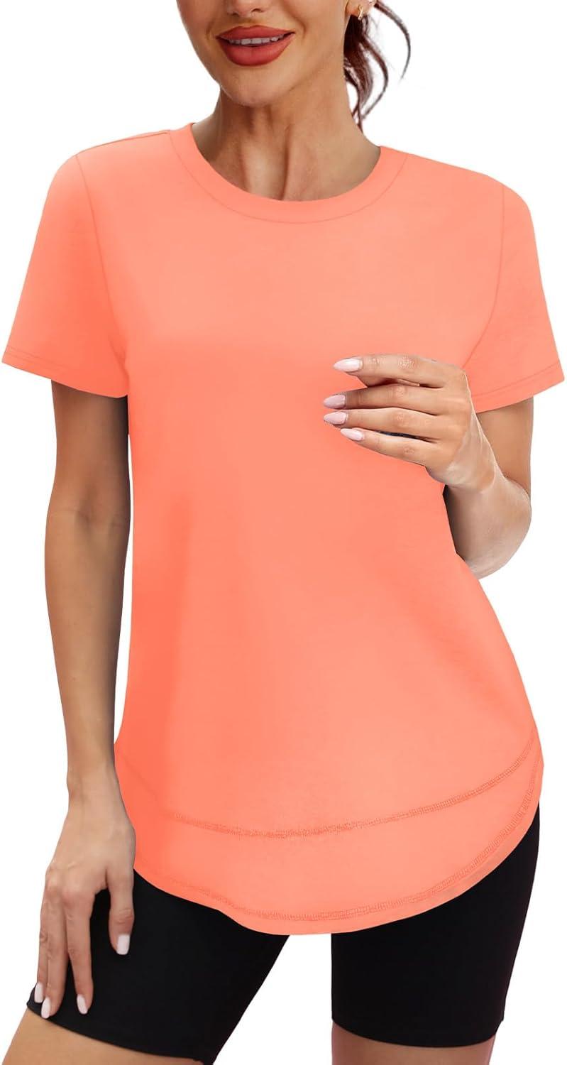 imageWomens Workout Tops Short Sleeve Shirts with Sun Protection UPF 50 Quick Dry Outfits for Hiking Running S3XL22 Light Orange