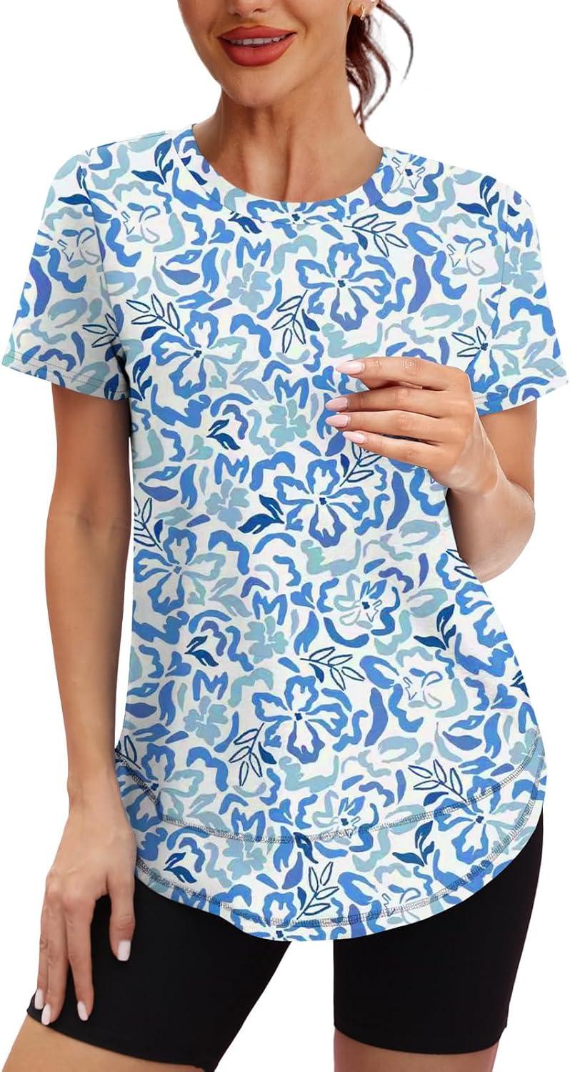 imageWomens Workout Tops Short Sleeve Shirts with Sun Protection UPF 50 Quick Dry Outfits for Hiking Running S3XL23 Blue White Floral