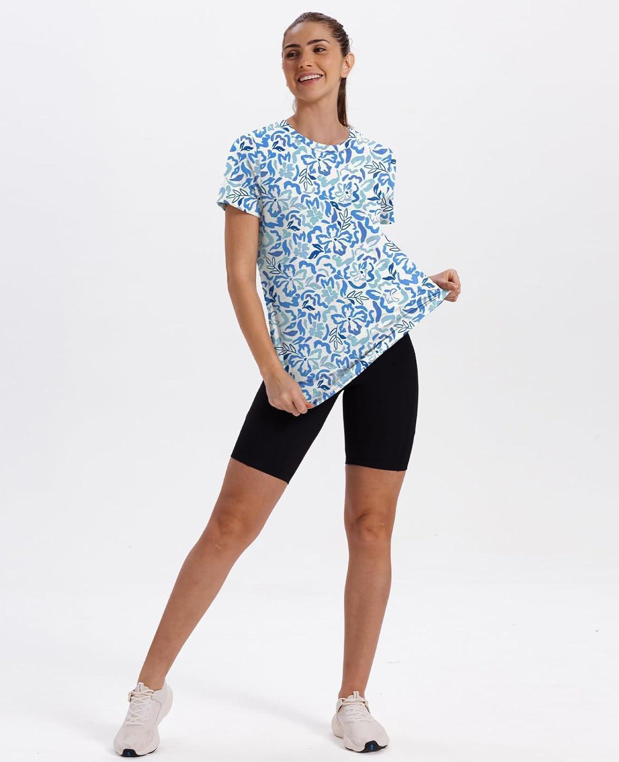 imageWomens Workout Tops Short Sleeve Shirts with Sun Protection UPF 50 Quick Dry Outfits for Hiking Running S3XL23 Blue White Floral