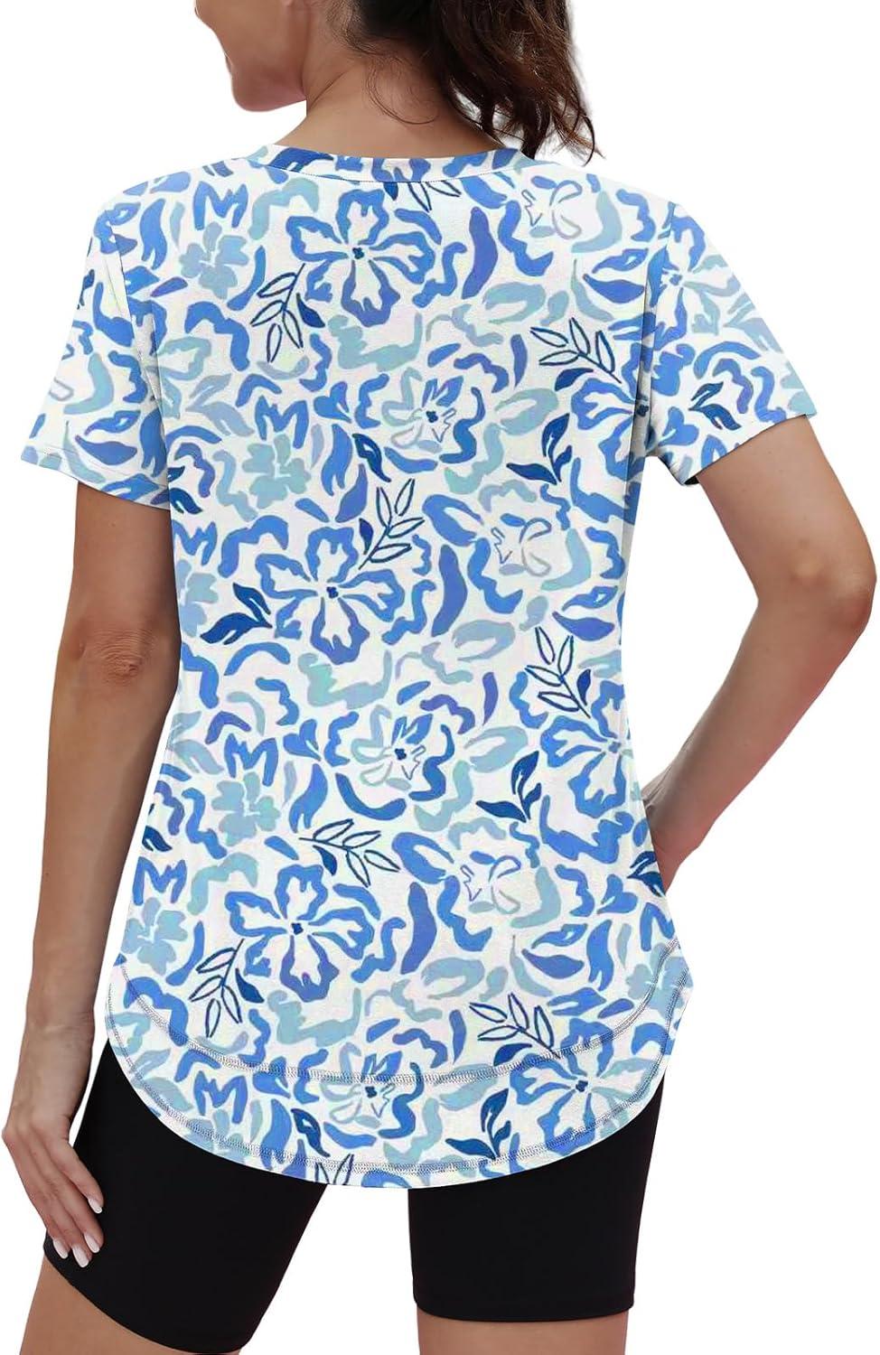 imageWomens Workout Tops Short Sleeve Shirts with Sun Protection UPF 50 Quick Dry Outfits for Hiking Running S3XL23 Blue White Floral