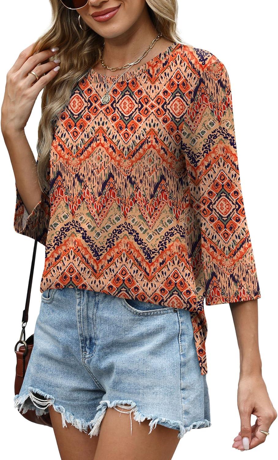 imageXIEERDUO 34 Length Sleeve Tops for Women Business Casual Blouses Slit Side Shirts Blouses Summer Fashion Clothes 2026Boho Print
