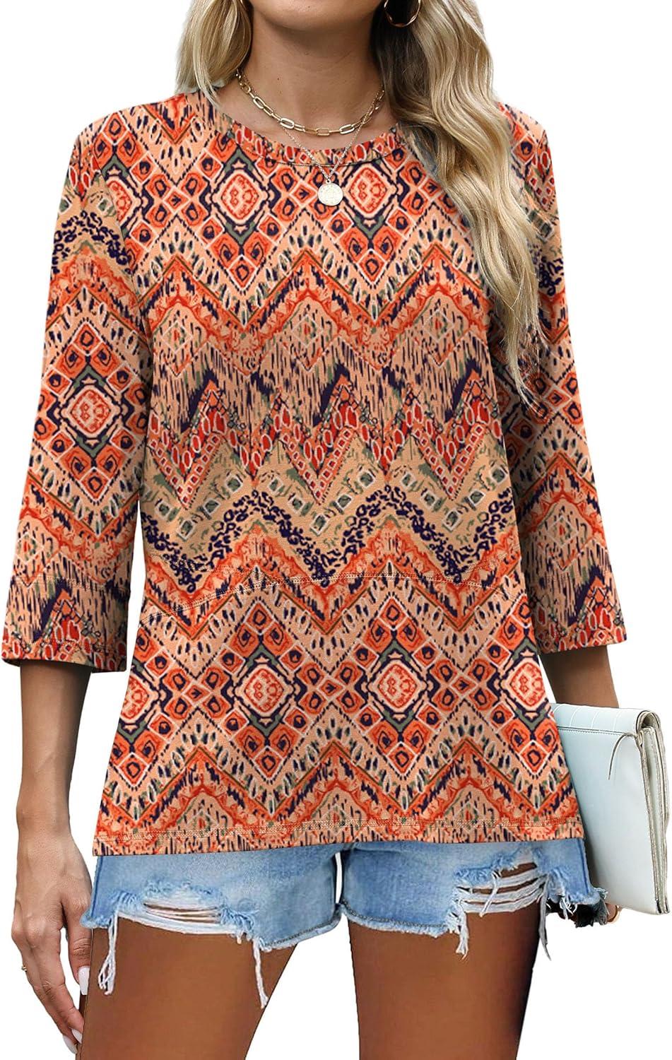 imageXIEERDUO 34 Length Sleeve Tops for Women Business Casual Blouses Slit Side Shirts Blouses Summer Fashion Clothes 2026Boho Print