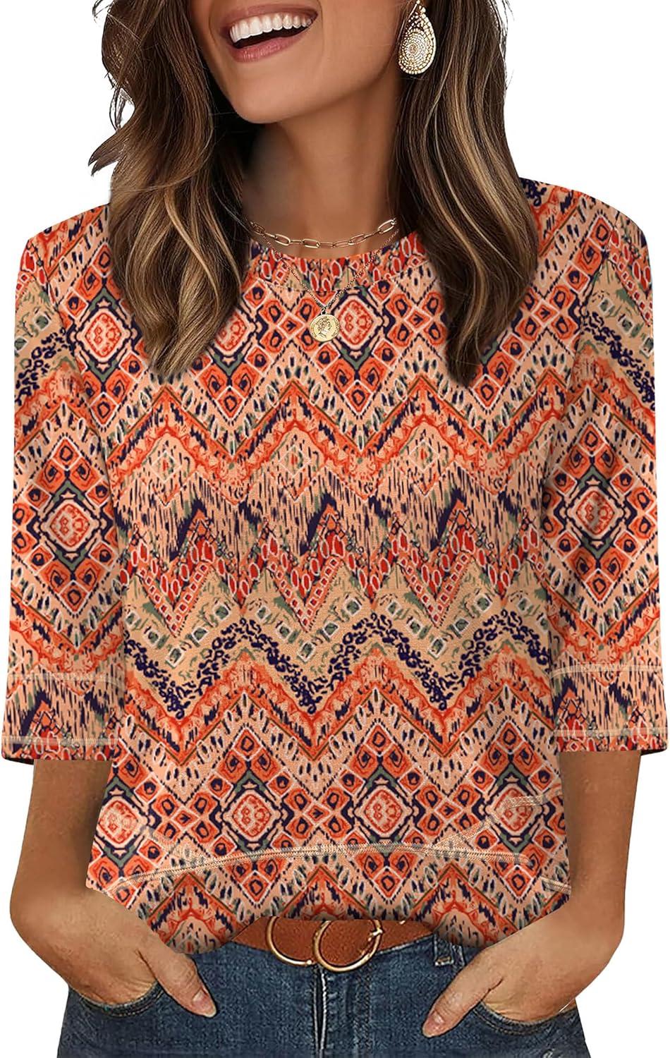 imageXIEERDUO 34 Length Sleeve Tops for Women Business Casual Blouses Slit Side Shirts Blouses Summer Fashion Clothes 2026Boho Print