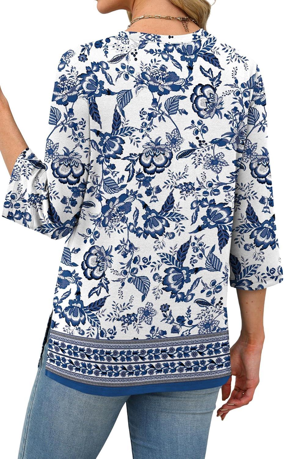 imageXIEERDUO 34 Length Sleeve Tops for Women Business Casual Blouses Slit Side Shirts Blouses Summer Fashion Clothes 2026Floral Blue