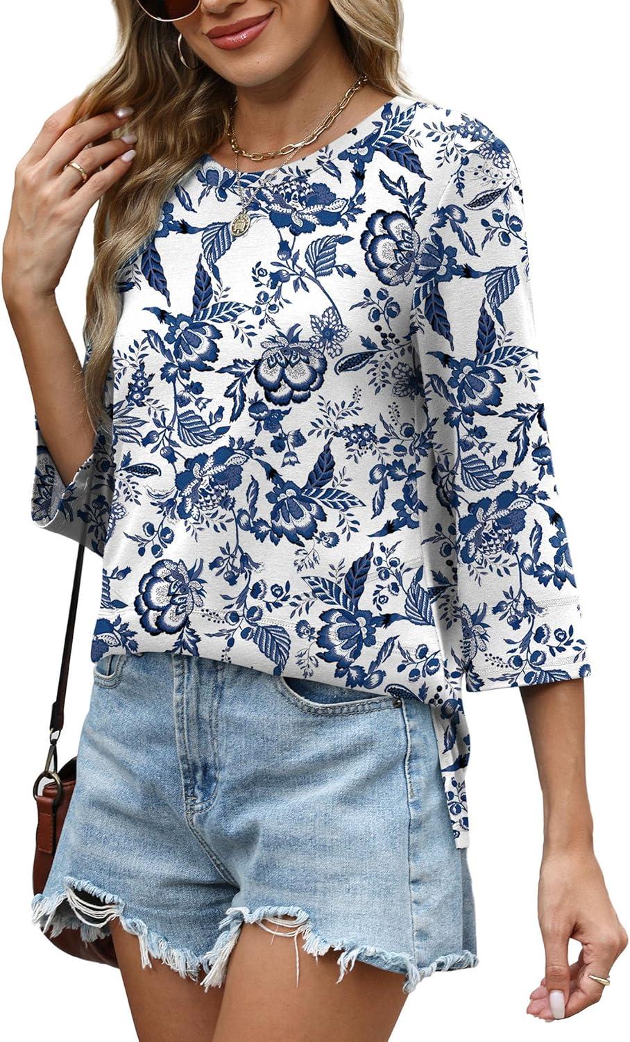 imageXIEERDUO 34 Length Sleeve Tops for Women Business Casual Blouses Slit Side Shirts Blouses Summer Fashion Clothes 2026Floral Blue