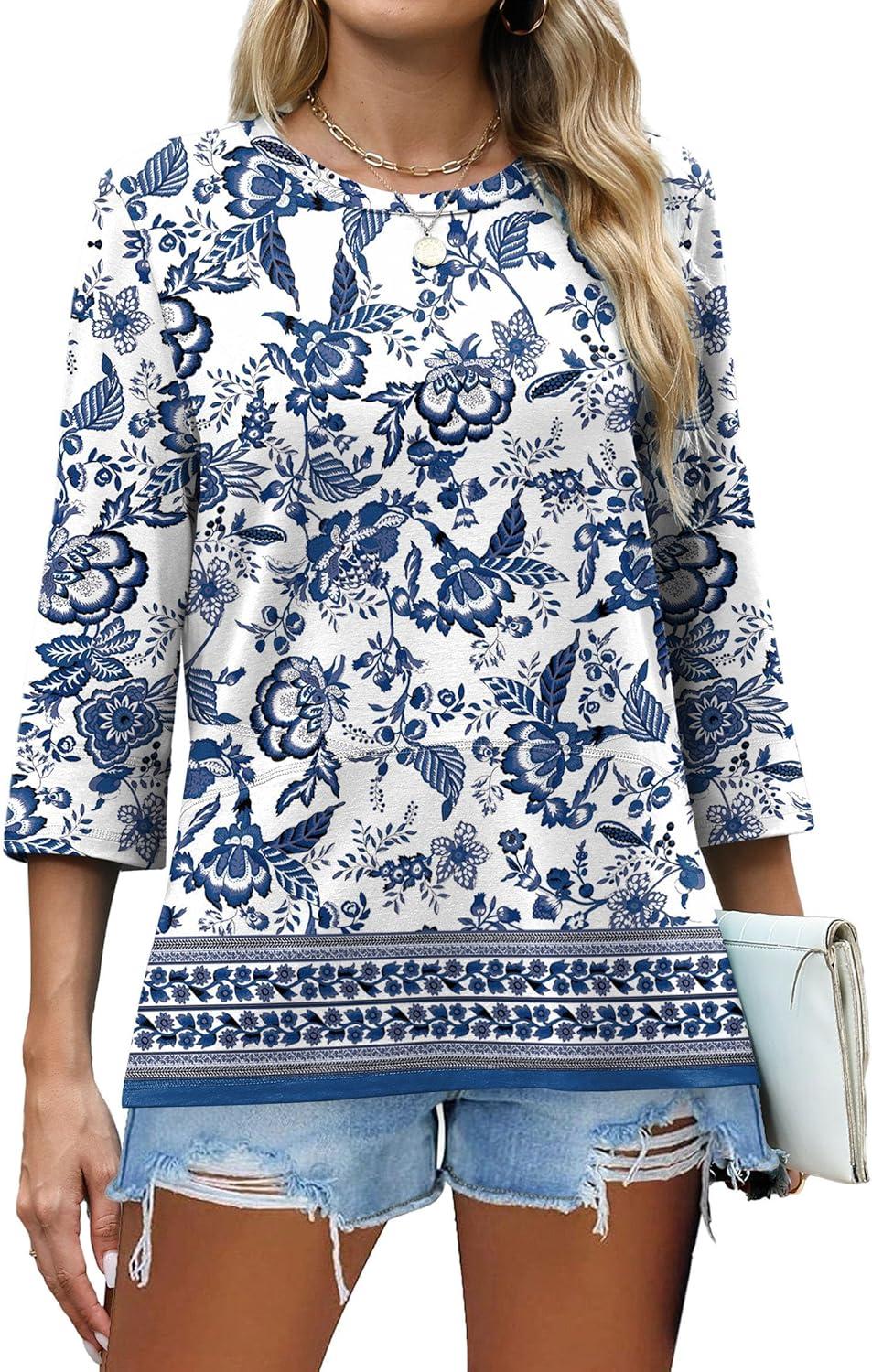 imageXIEERDUO 34 Length Sleeve Tops for Women Business Casual Blouses Slit Side Shirts Blouses Summer Fashion Clothes 2026Floral Blue