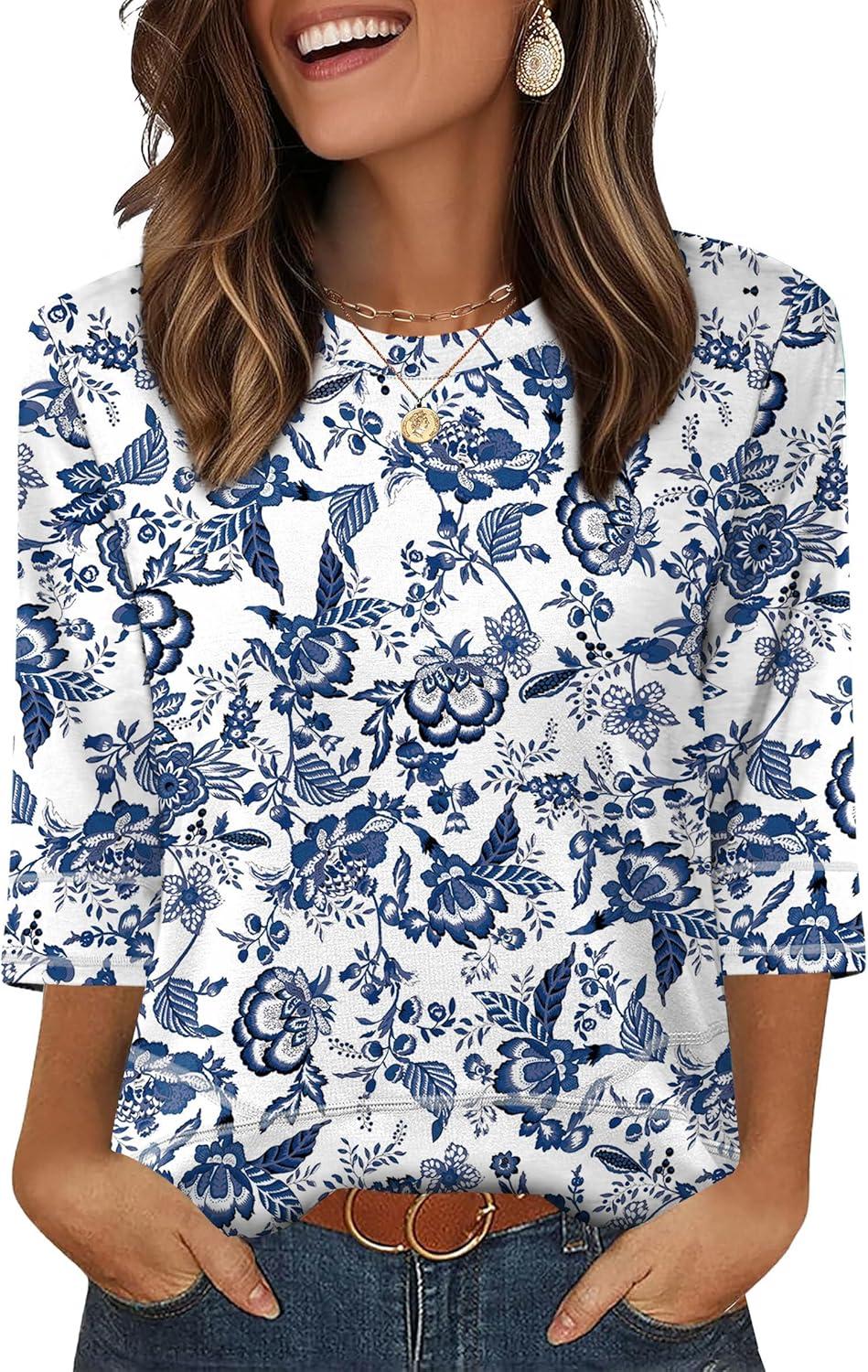 imageXIEERDUO 34 Length Sleeve Tops for Women Business Casual Blouses Slit Side Shirts Blouses Summer Fashion Clothes 2026Floral Blue