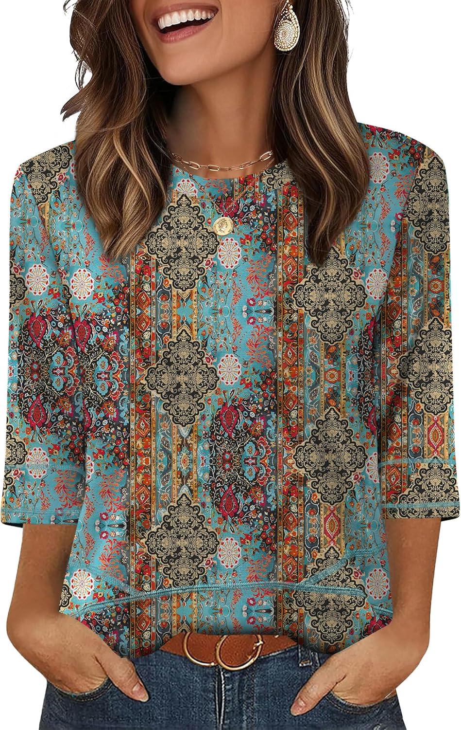 imageXIEERDUO 34 Length Sleeve Tops for Women Business Casual Blouses Slit Side Shirts Blouses Summer Fashion Clothes 2026Floral Multicolor